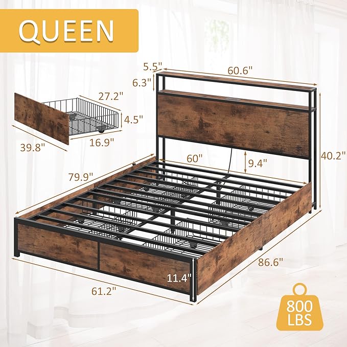 Lifezone Queen Bed Frame with 2-Tier Storage Headboard - Image 4
