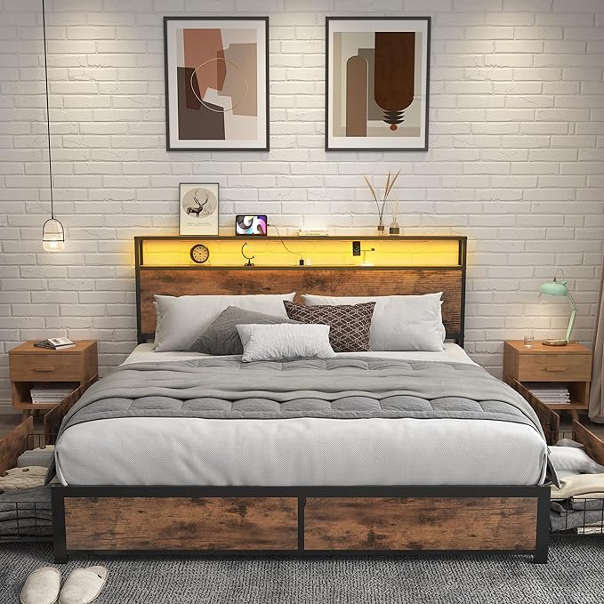 Lifezone Queen Bed Frame with 2-Tier Storage Headboard - Image 2