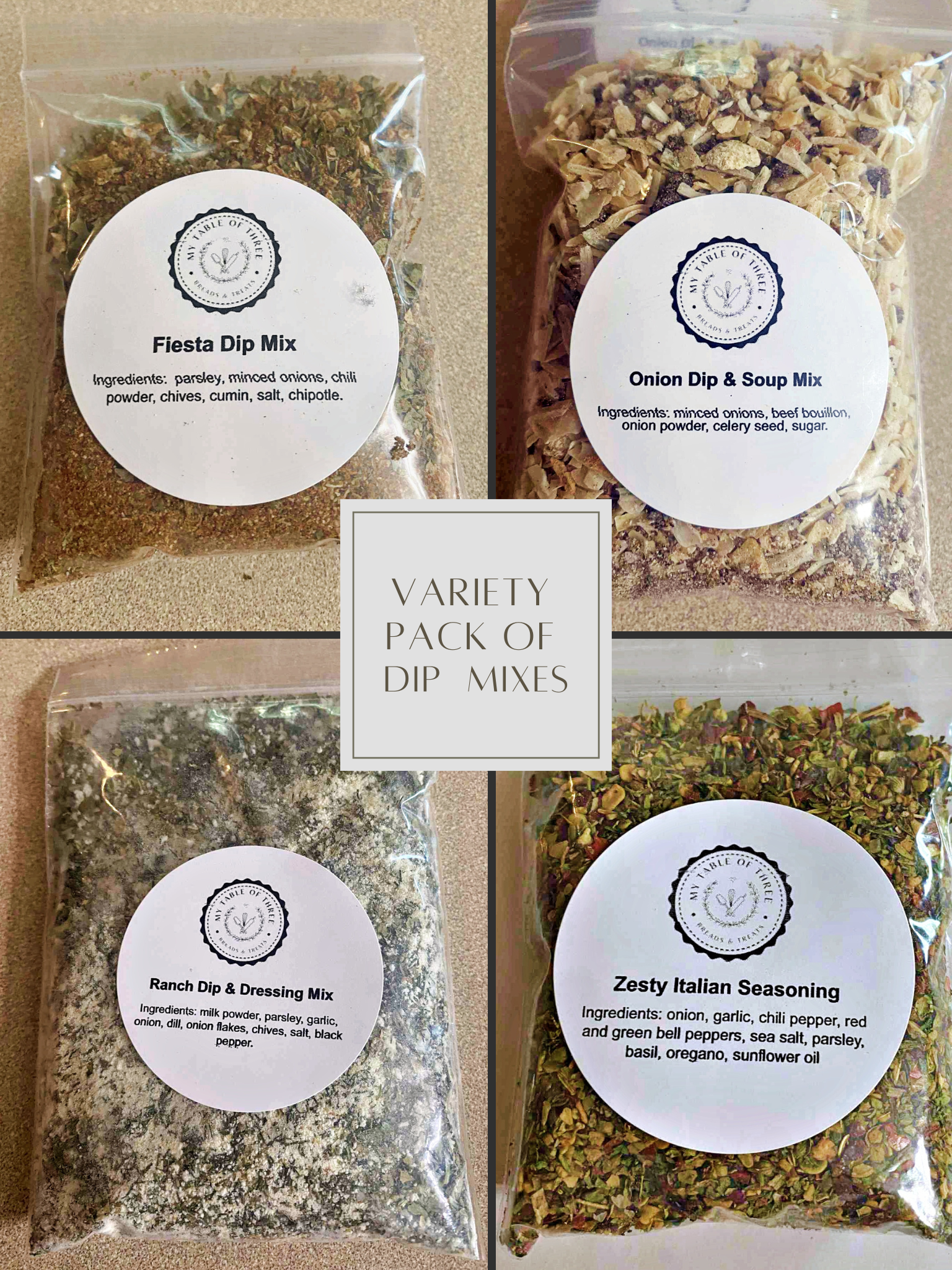 A phot of 4 Dip Mixes in a Variety Pack from My Table of Three