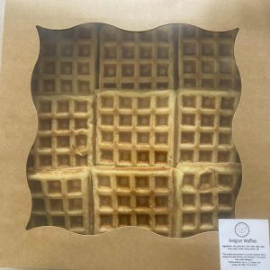 A brown box of Belgian Style yeasted waffles from My Table of Three.