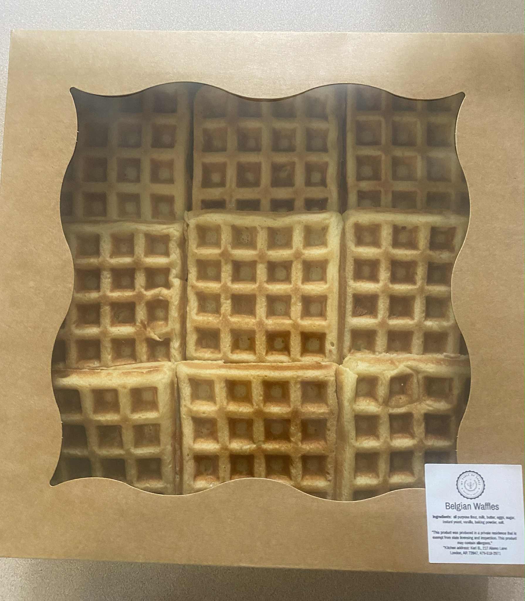 A brown box of Belgian Style yeasted waffles from My Table of Three.