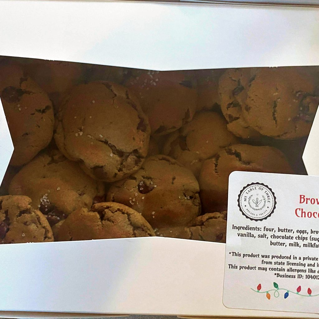 2 Dozen Brown Butter Chocolate Chip Cookies in a white bakery box with a label