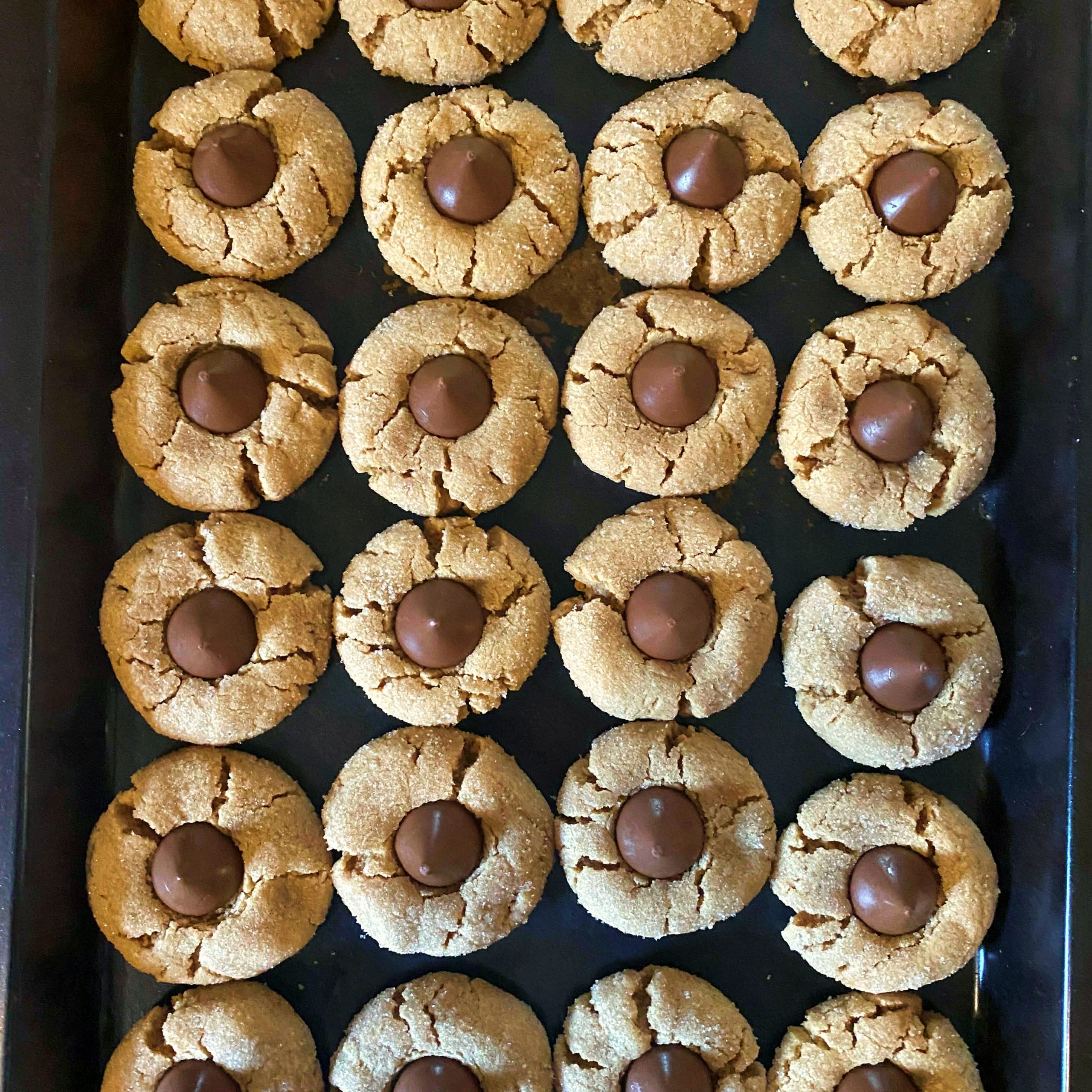 Two dozen Peanut Butter Blossoms lined up on a baking tray.